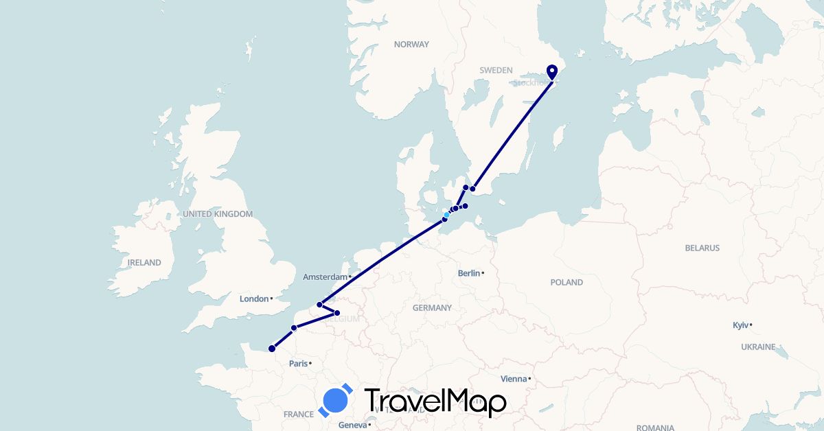 TravelMap itinerary: driving, cycling, boat in Belgium, Germany, Denmark, France, Sweden (Europe)